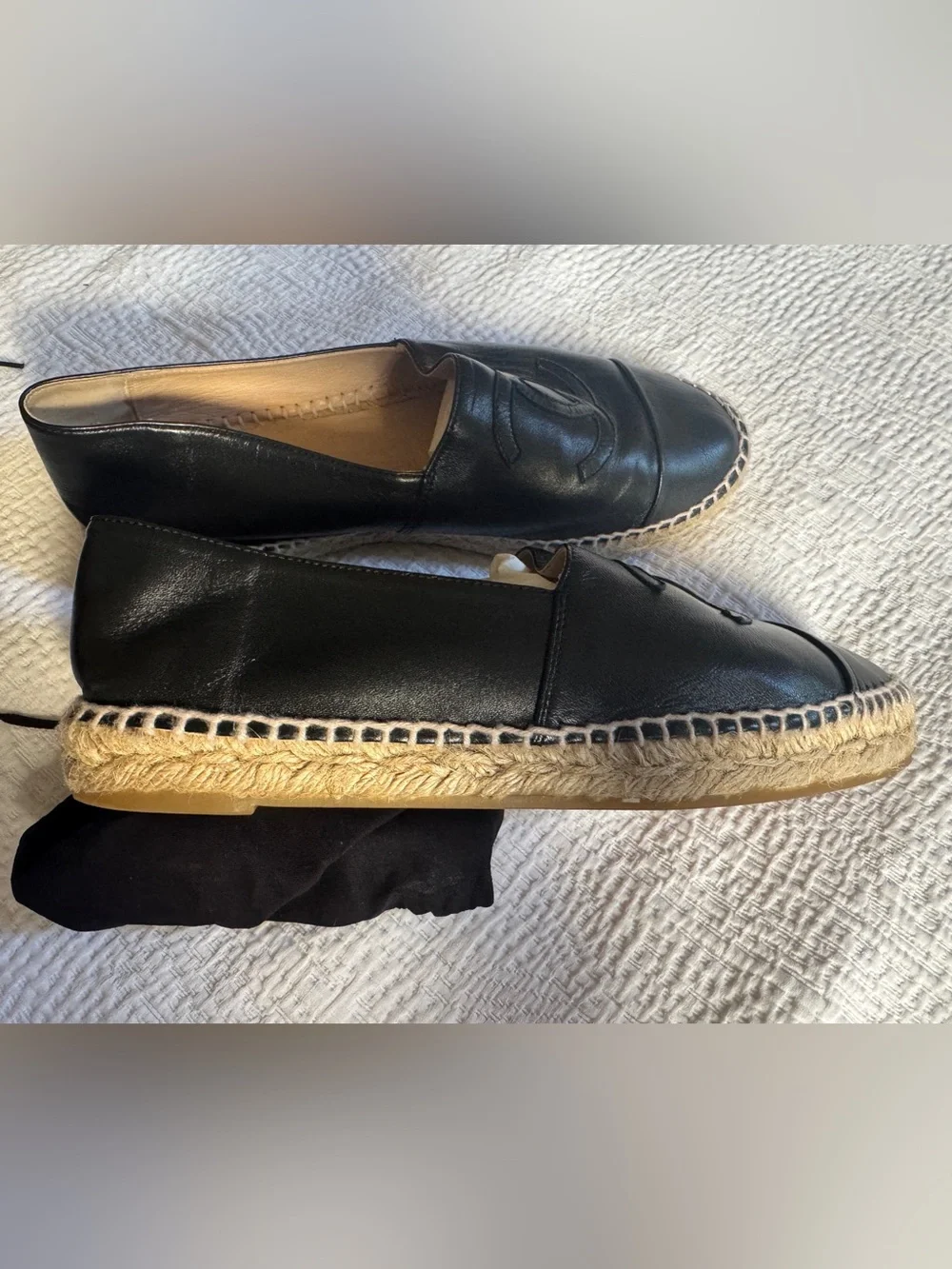 Chanel Rev Black Leather Espadrille Slip-On Shoes 39